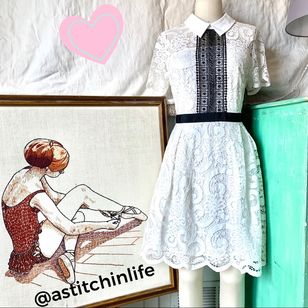 Nanette Lapore White Lace Dress with Black Details